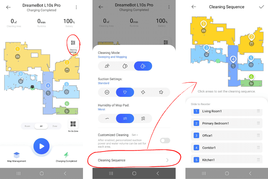 Die Raumreinigungsreihenfolge wird in der Dreame L10s Pro App festgelegt.